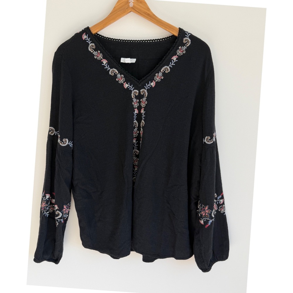 J. Jill Womens Embroidered Boho Blouse Large Black Cottagecore Top